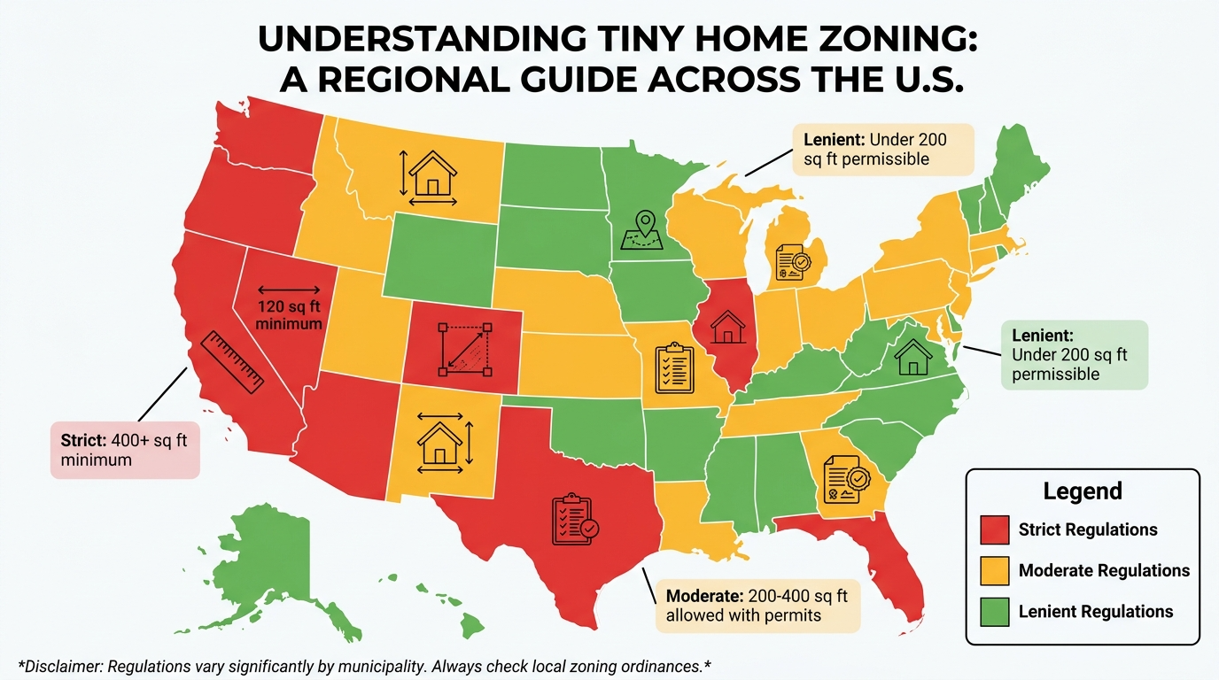 Infographic of zoning laws for tiny homes across regions.
