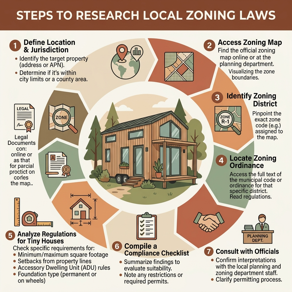 Infographic on researching zoning laws for tiny house placement.