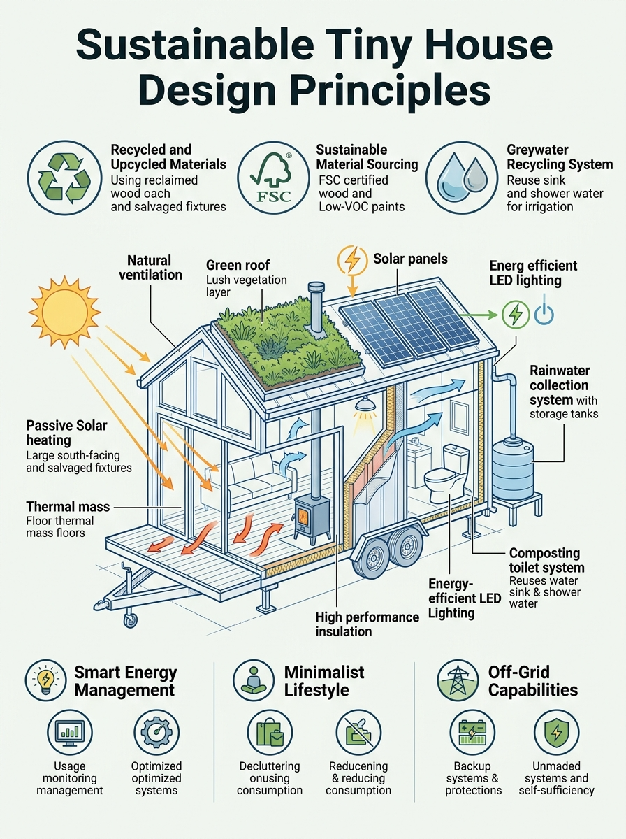 Infographic on sustainable design principles for tiny house blueprints.