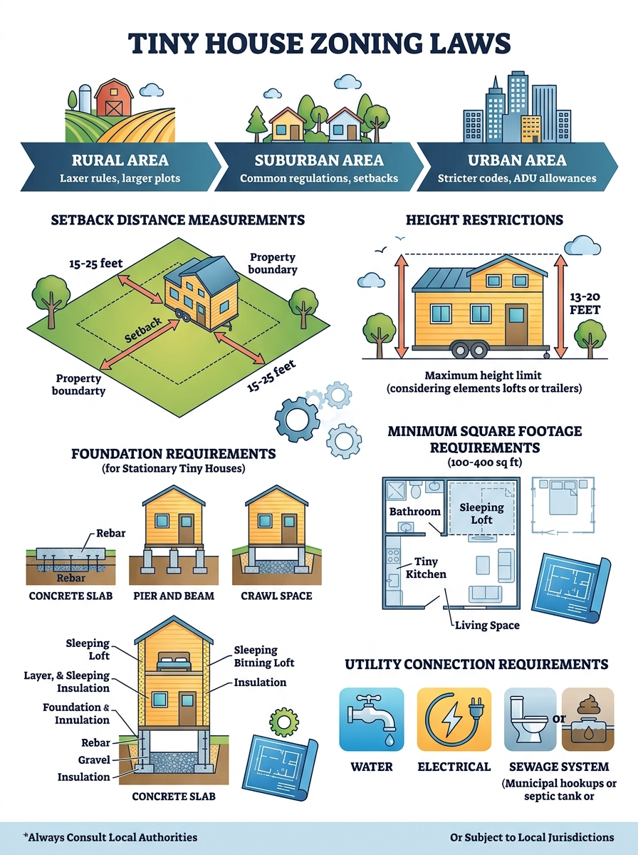 Infographic on zoning laws and building codes for tiny house placement.