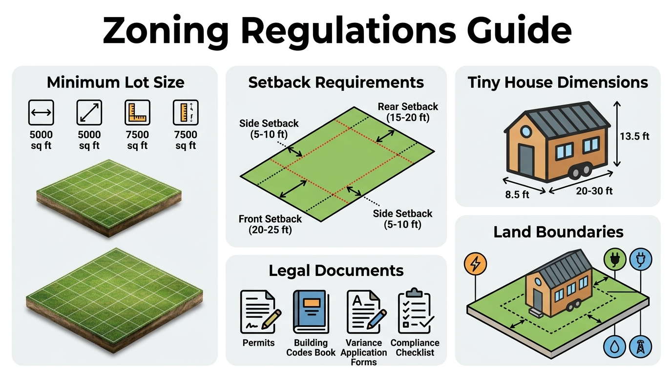 Infographic on zoning regulations and lot sizes for tiny house placement.