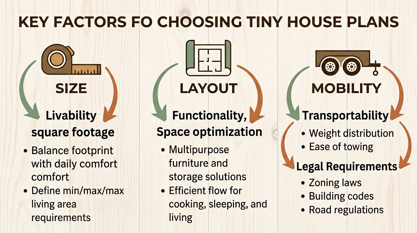 Infographic outlining factors for choosing tiny house plans: size, layout, and mobility.