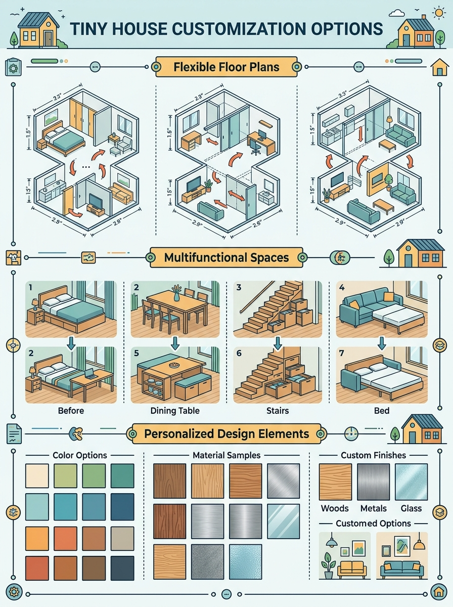 Infographic showcasing customization options for tiny houses, including flexible layouts and modular furniture.