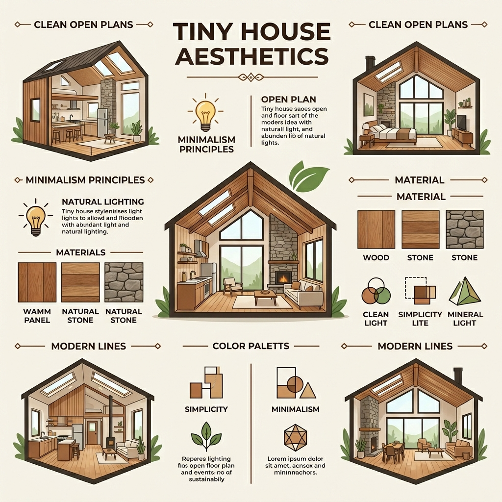 Infographic showcasing tiny house design aesthetics with minimalist and natural elements.