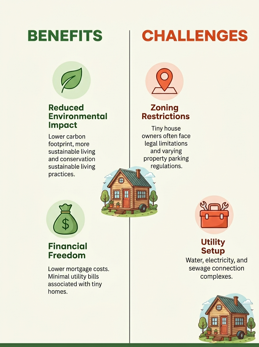 Infographic showing benefits and challenges of tiny house living.