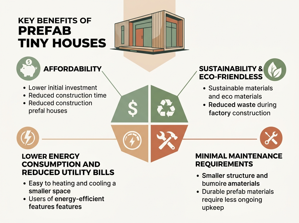 Infographic showing benefits of prefab tiny houses, including affordability, sustainability, and lower energy use.