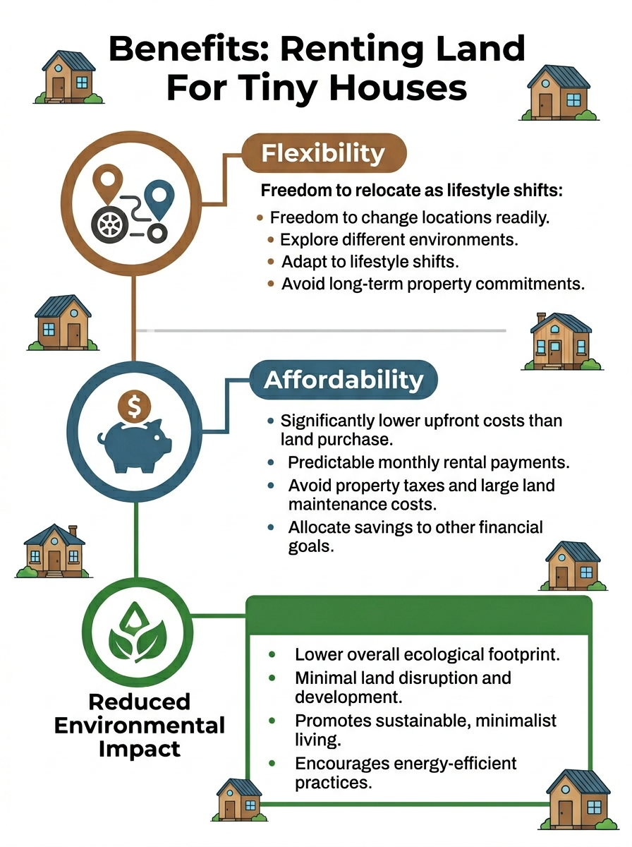 Infographic showing benefits of renting land for tiny houses like flexibility and eco-friendliness.