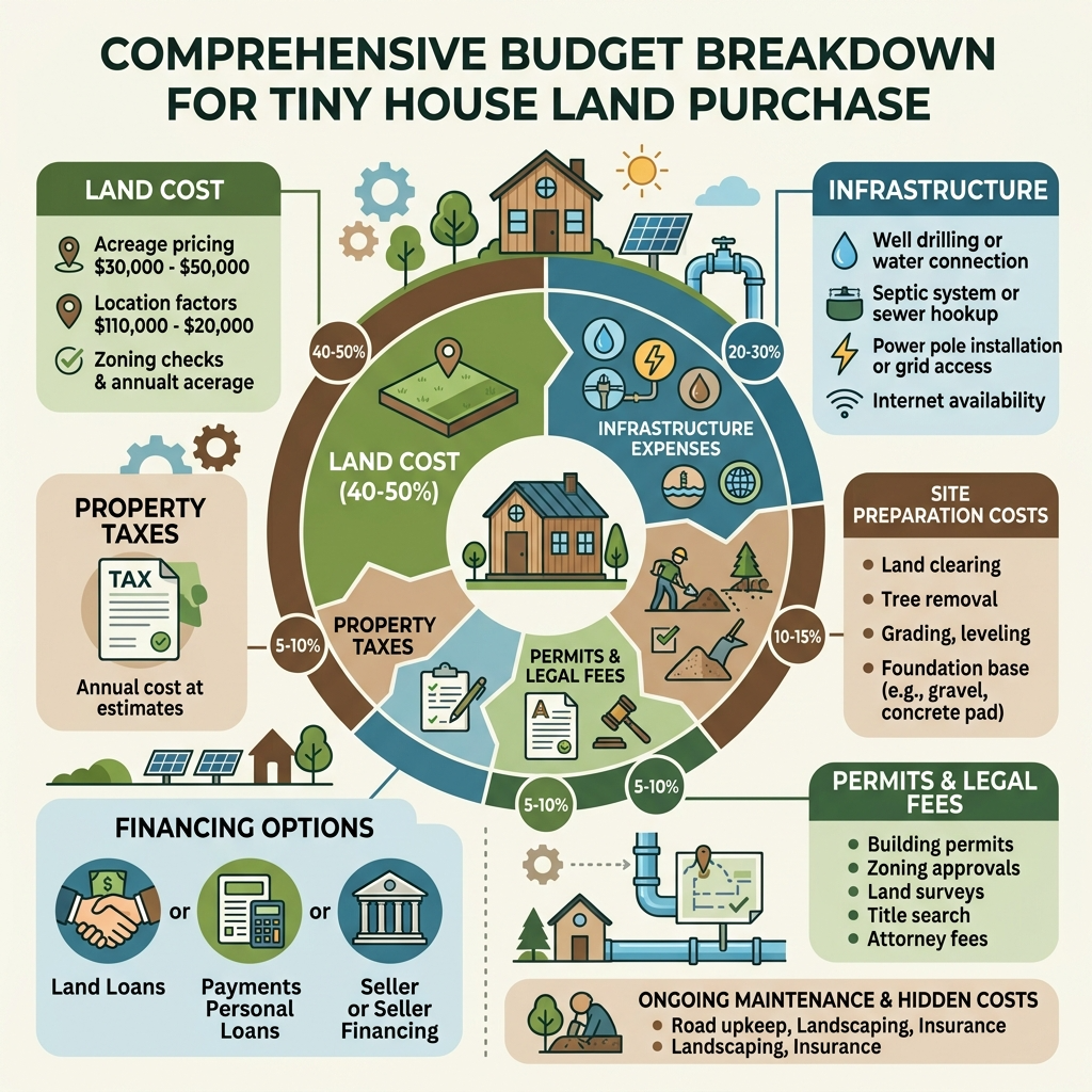 Infographic showing budget breakdown for tiny house land purchase.