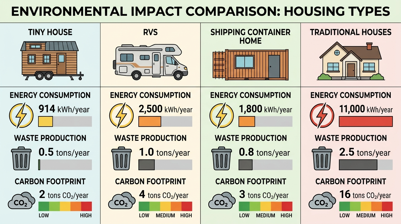 Infographic showing environmental impact of tiny houses, RVs, container homes, and traditional houses.