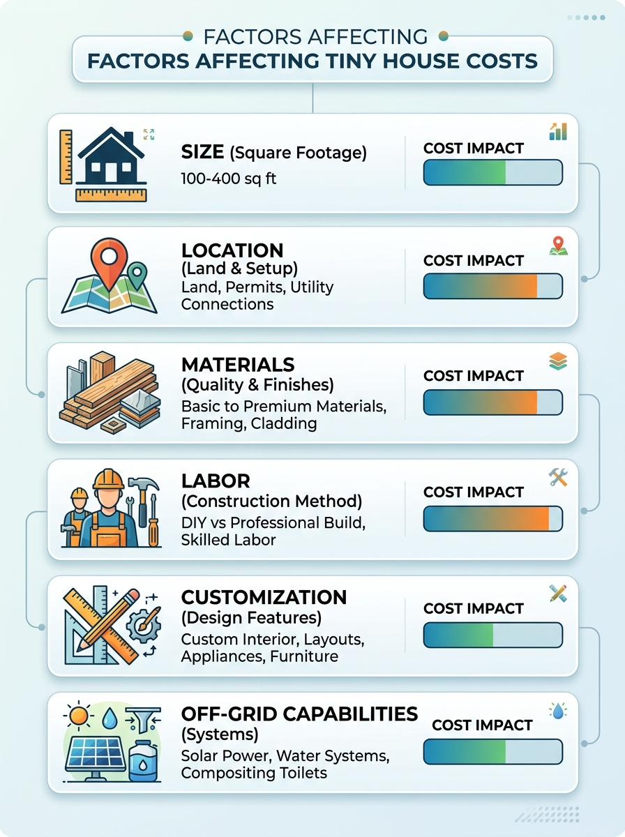 Infographic showing factors affecting tiny house costs like size, location, materials, labor, and customization.