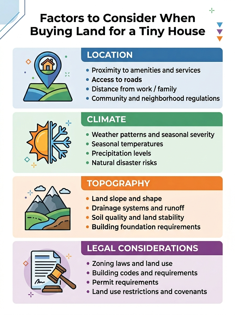 Infographic showing factors to consider when buying land for tiny houses like location and climate.