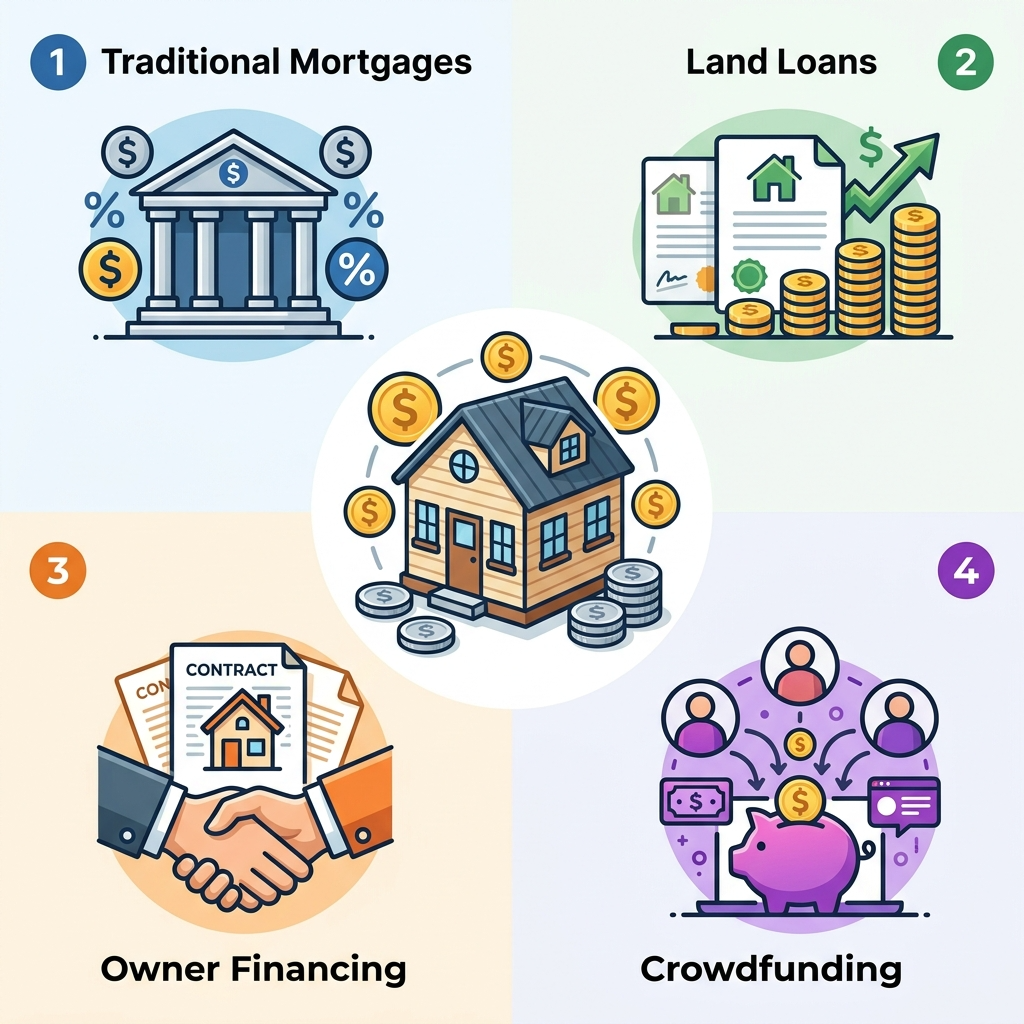 Infographic showing financial options for buying land for tiny houses.