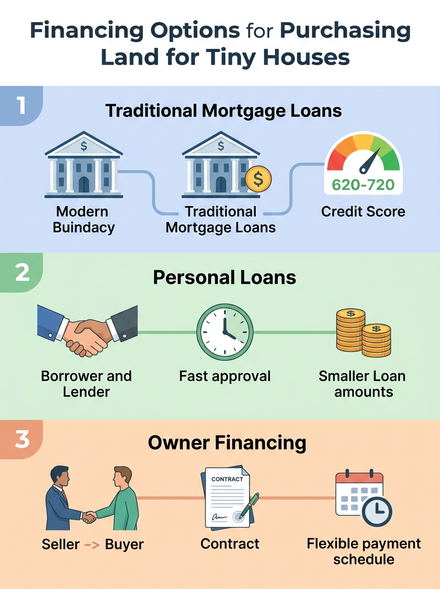 Infographic showing financing options like mortgages, personal loans, and owner financing for land.