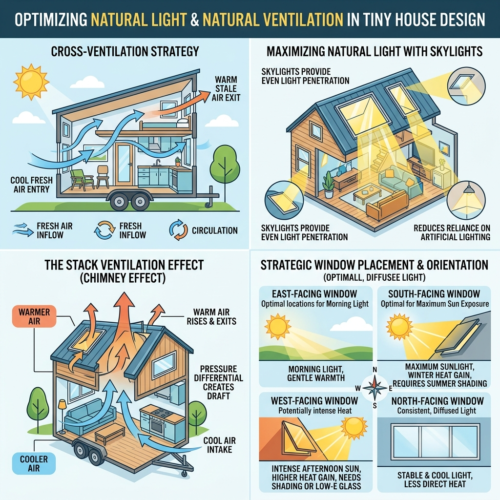 Infographic showing natural light and ventilation strategies for tiny house design.