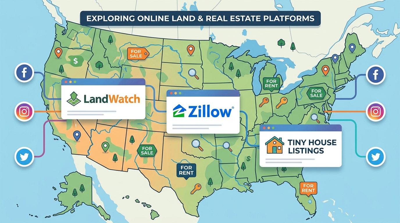 Infographic showing online platforms for finding tiny house land like Zillow and LandWatch.