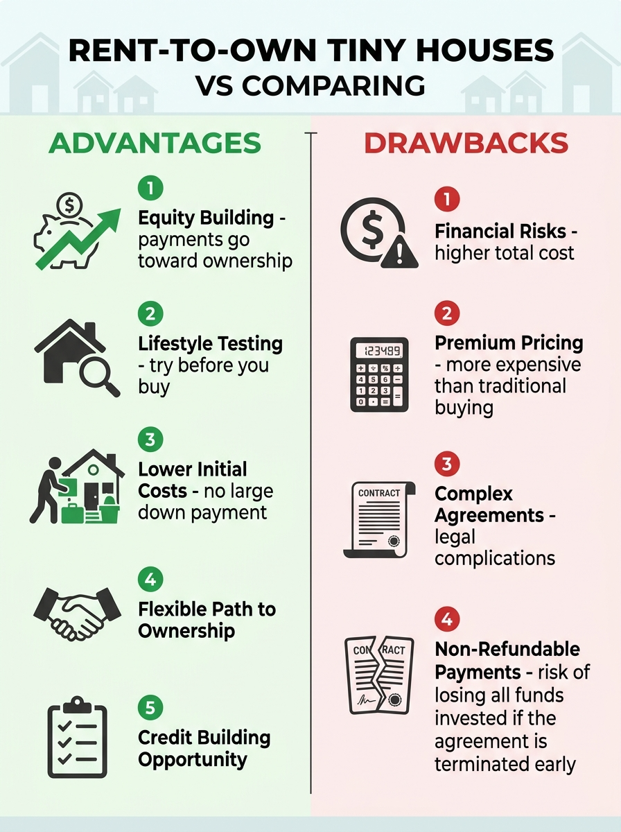 Infographic showing pros and cons of rent-to-own tiny houses, including equity building and financial risks.