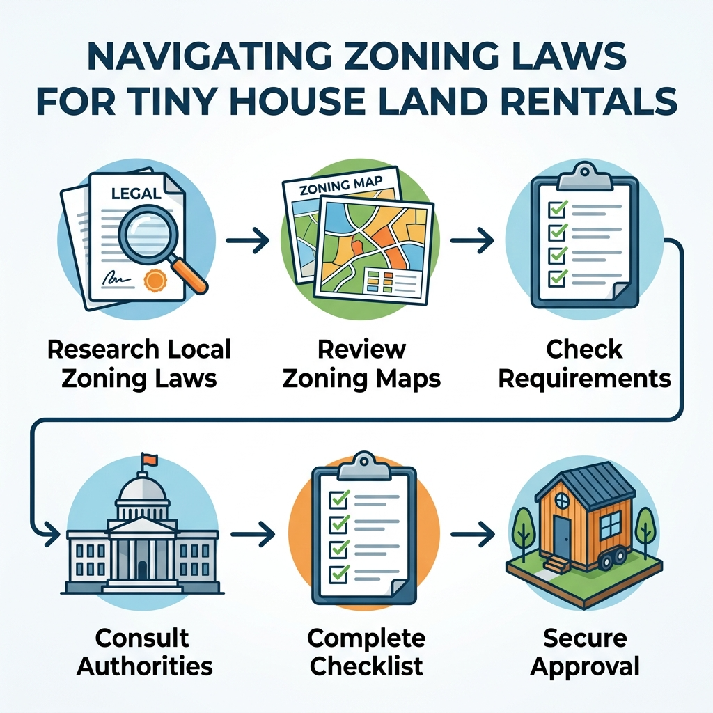 Infographic showing steps to navigate zoning laws for tiny house land rentals.