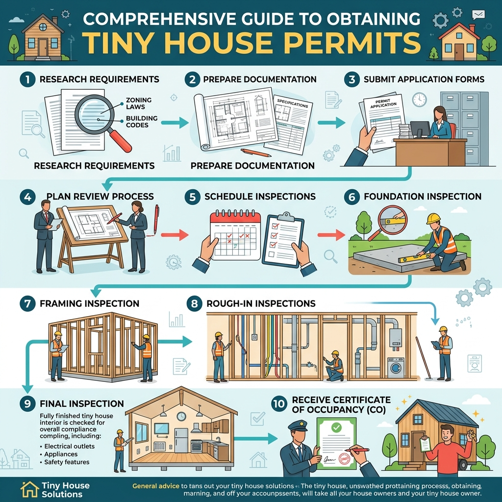 Infographic showing steps to obtain permits for tiny house installation.