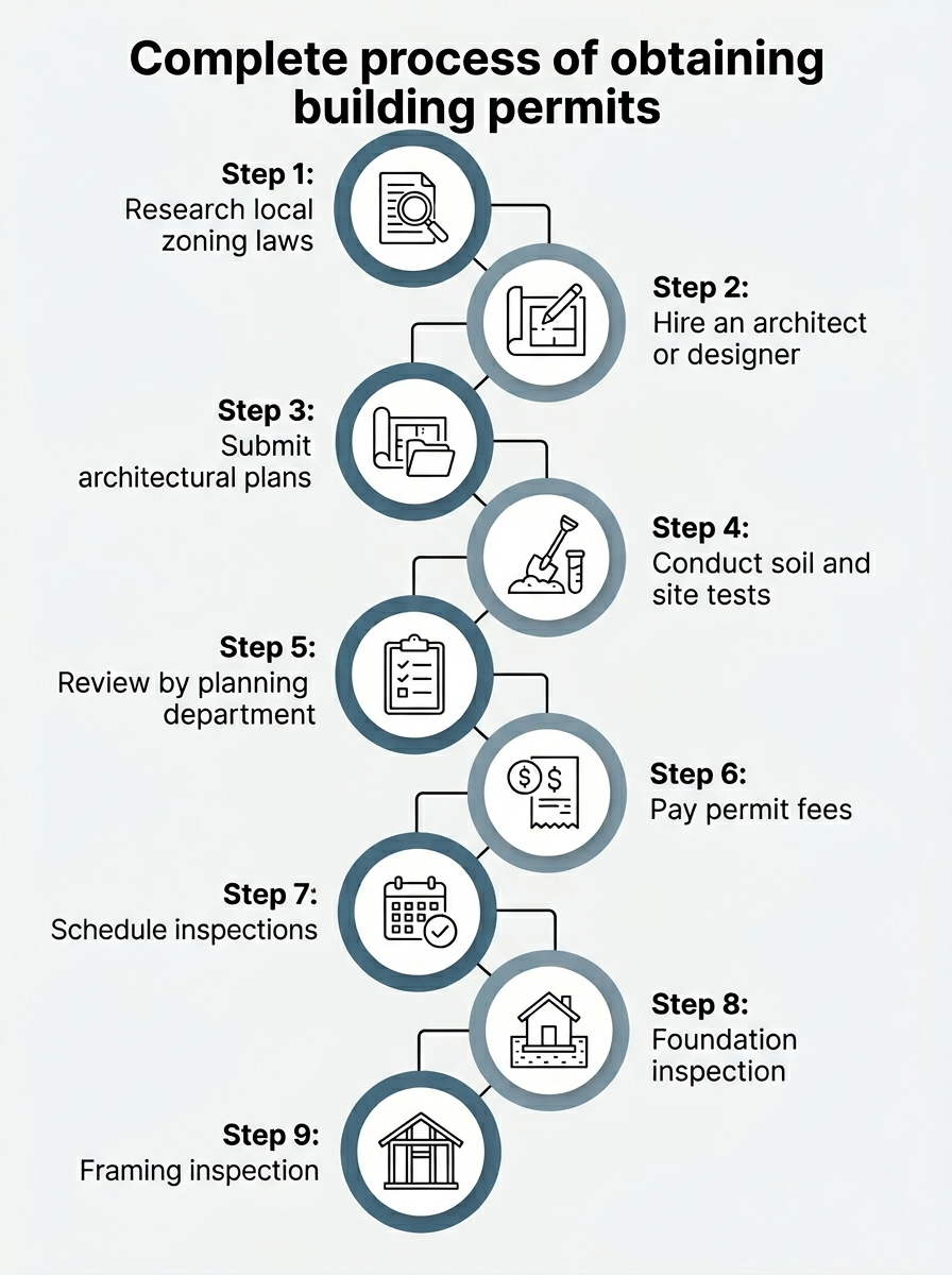 Infographic showing steps to obtain permits for tiny house construction.