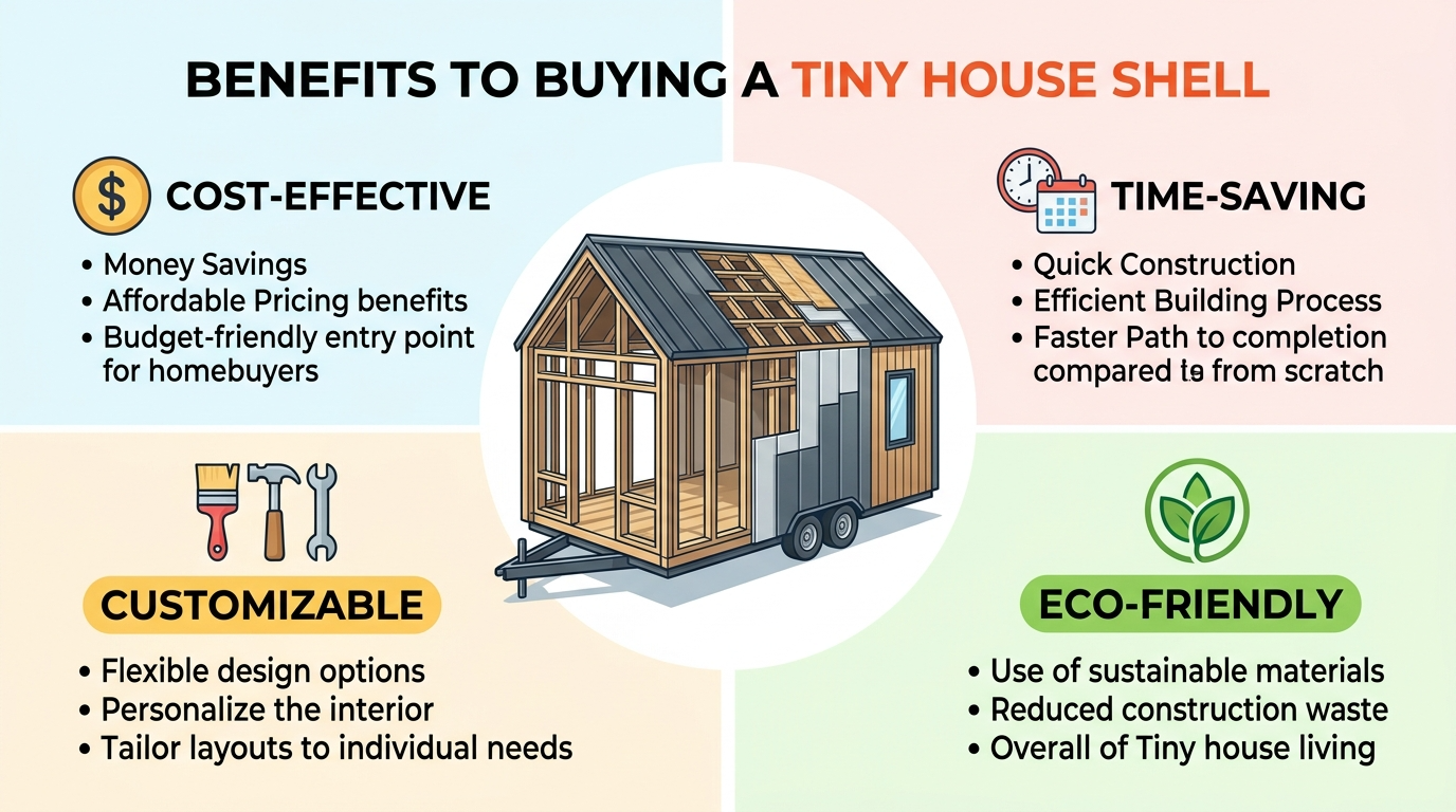 Infographic showing the benefits of tiny house shells like cost savings and eco-friendliness.