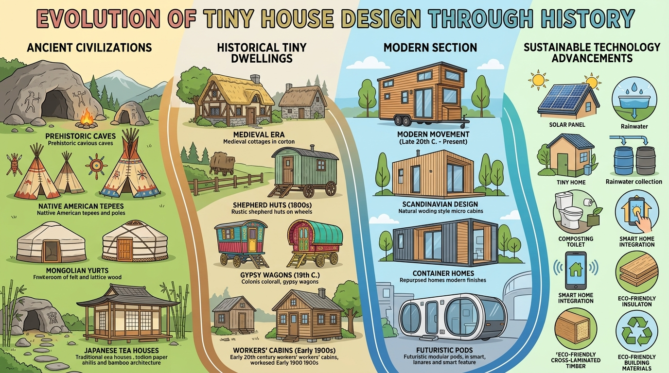 Infographic showing the evolution of tiny house design from ancient to modern sustainable styles.