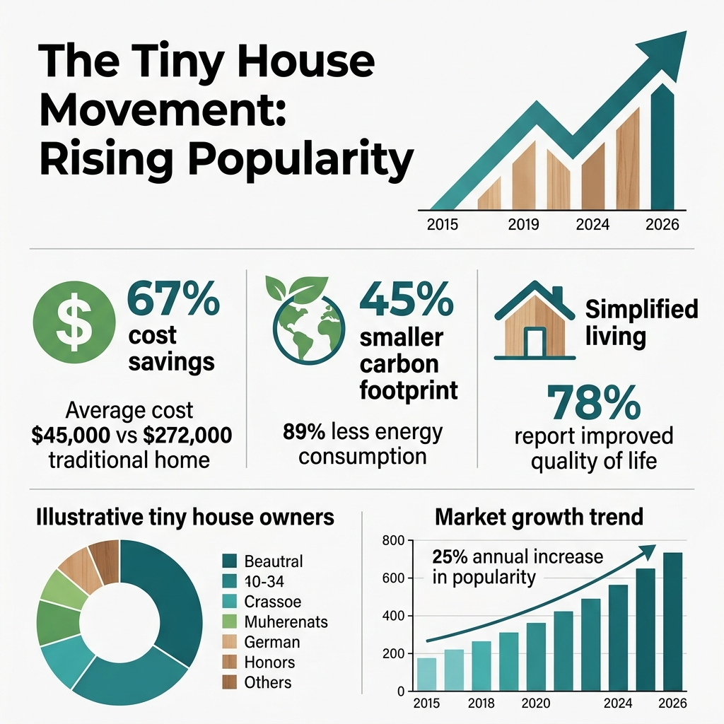 Infographic showing the popularity and benefits of modern tiny houses.