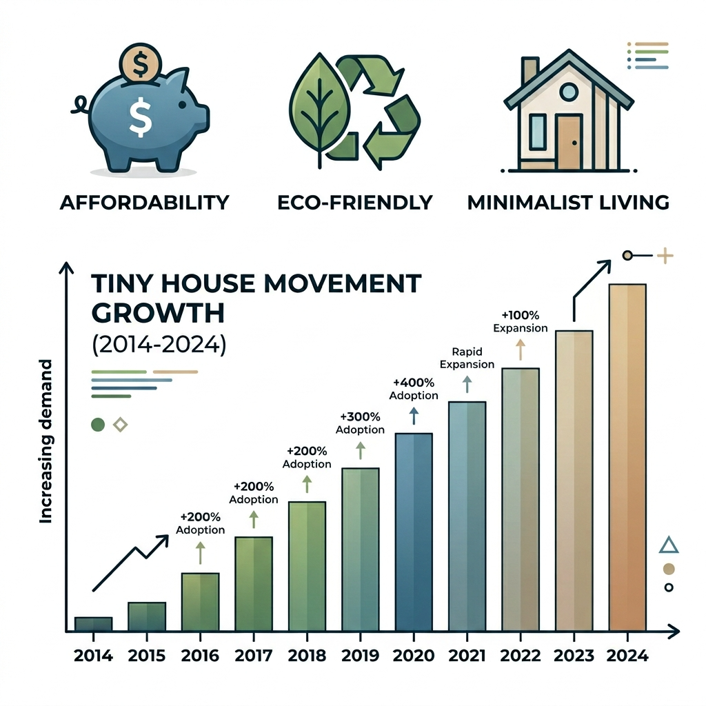 Infographic showing the rising demand for tiny houses and their benefits.