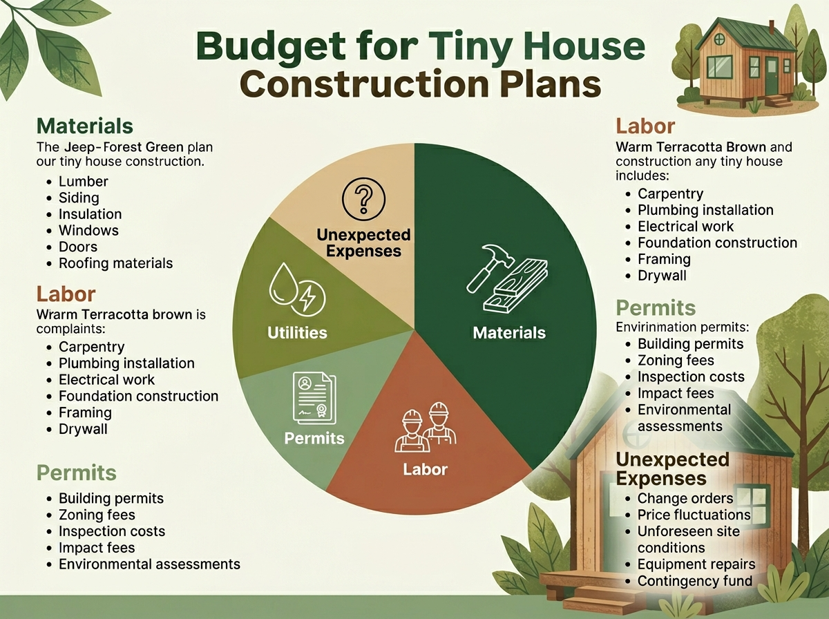 Infographic showing tiny house budgeting breakdown for materials, labor, permits, and utilities.