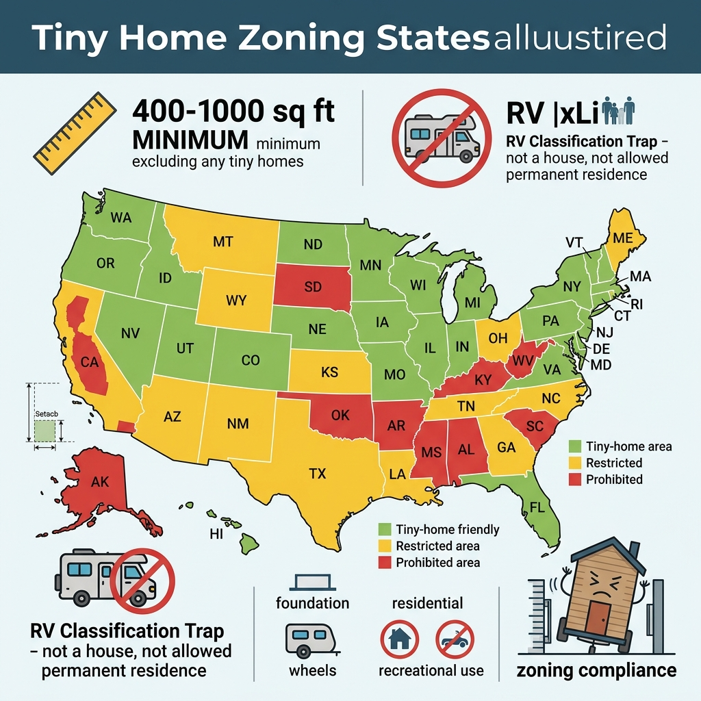 Infographic showing zoning restrictions and challenges for tiny homes.
