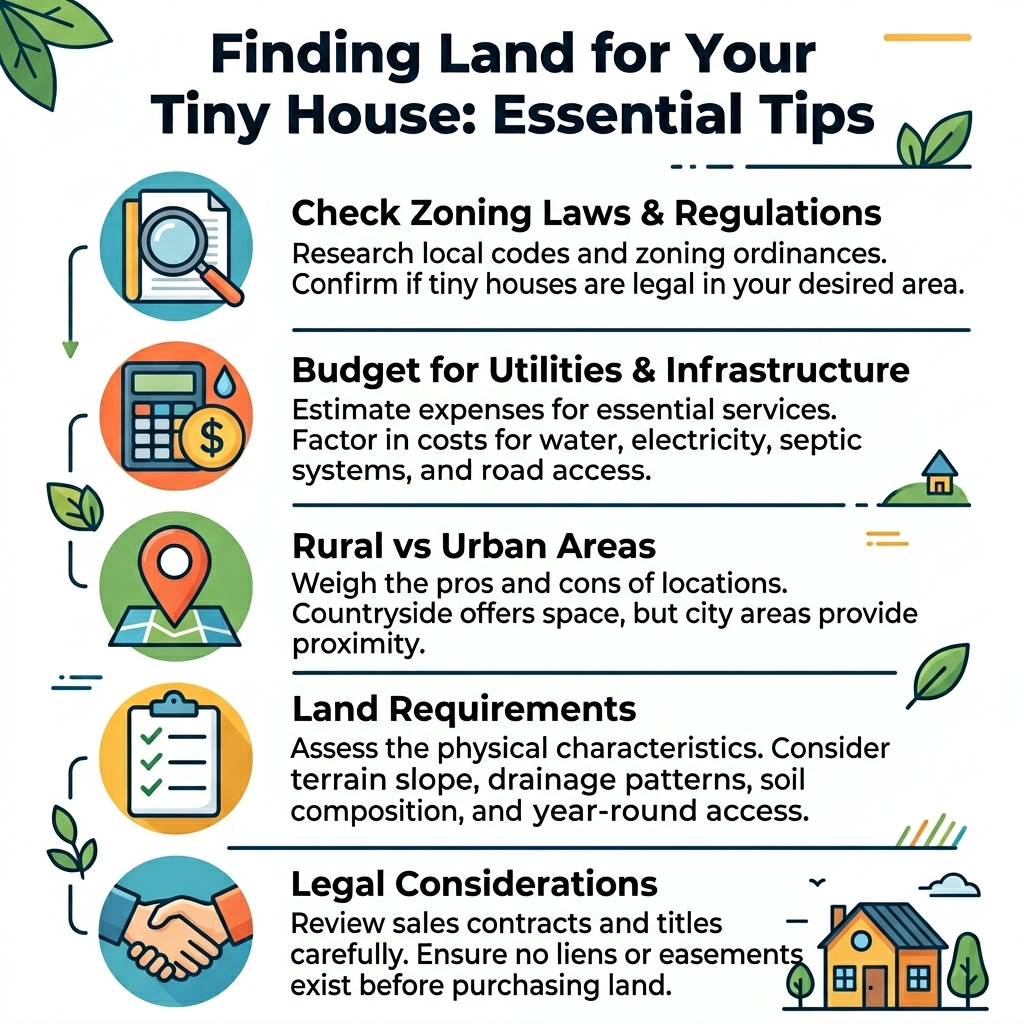 Infographic with tips for finding land for a tiny house, including zoning and budgeting.