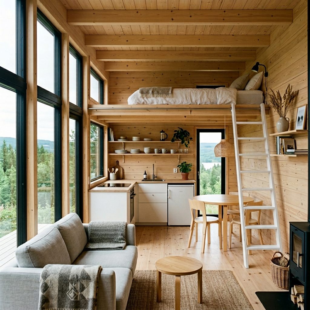 Interior of a modern tiny house kit with loft sleeping area, compact kitchen, and large windows.