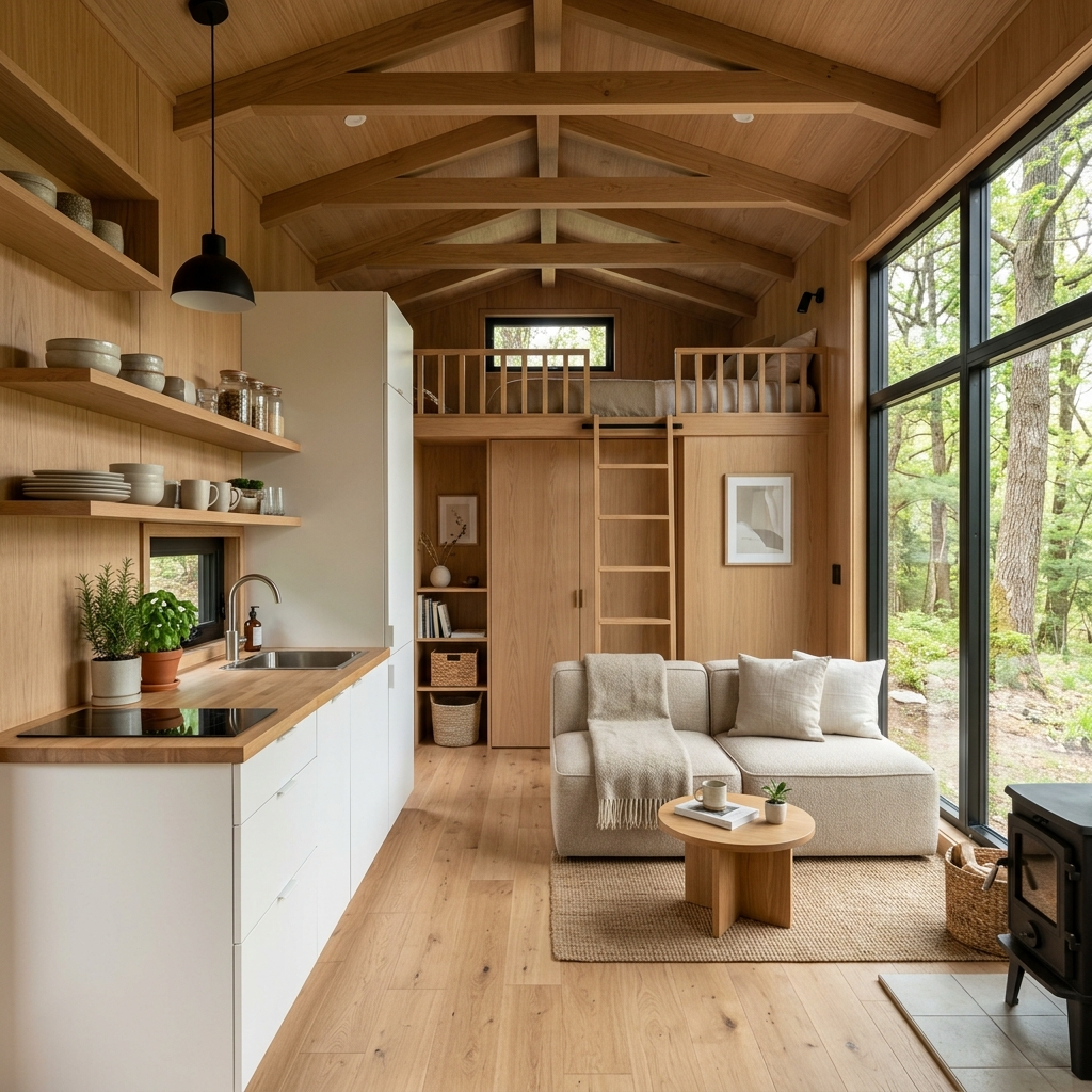 Interior of a modern tiny house with wood finishes and natural light.