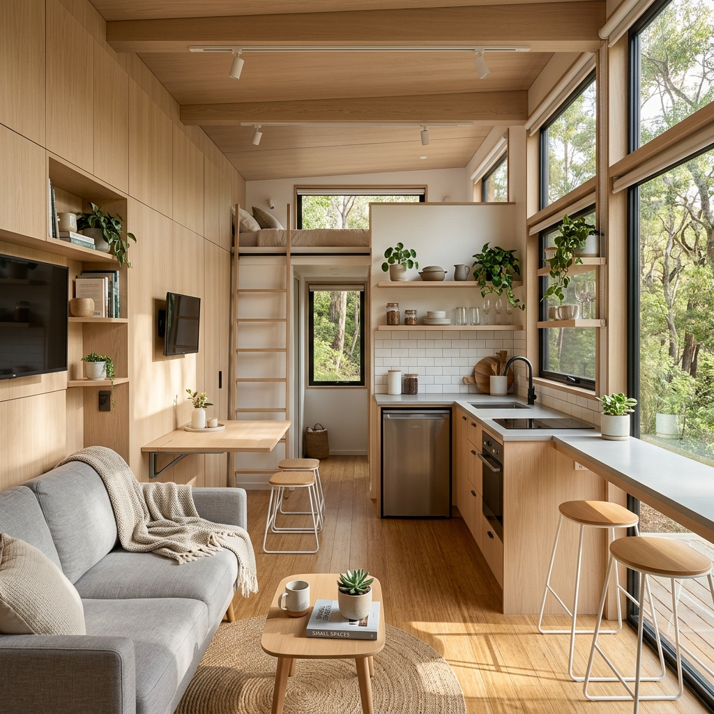 Interior of a prefab tiny house with space-saving furniture, energy-efficient appliances, and sustainable materials.