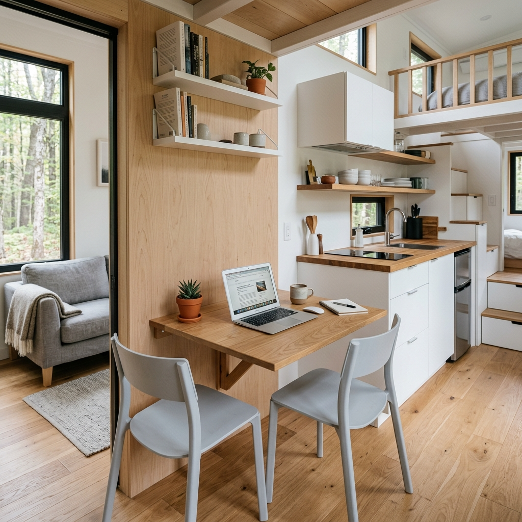 Interior of a two-bedroom tiny house with a dining nook doubling as a workspace.