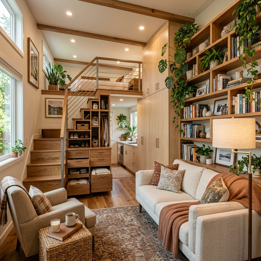 Living room in a two-bedroom tiny house with built-in shelves and under-stair storage.