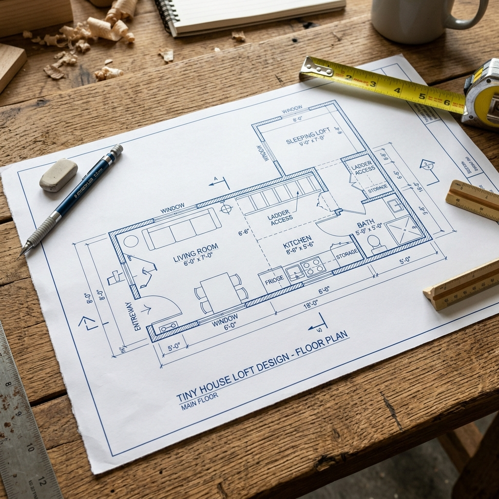 Loft-style tiny house blueprint with tools on a wooden table.