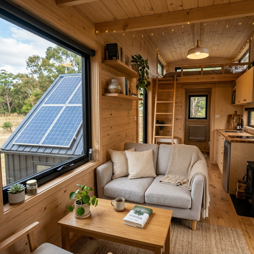 Minimalist tiny house interior with solar panels highlighting cost savings.