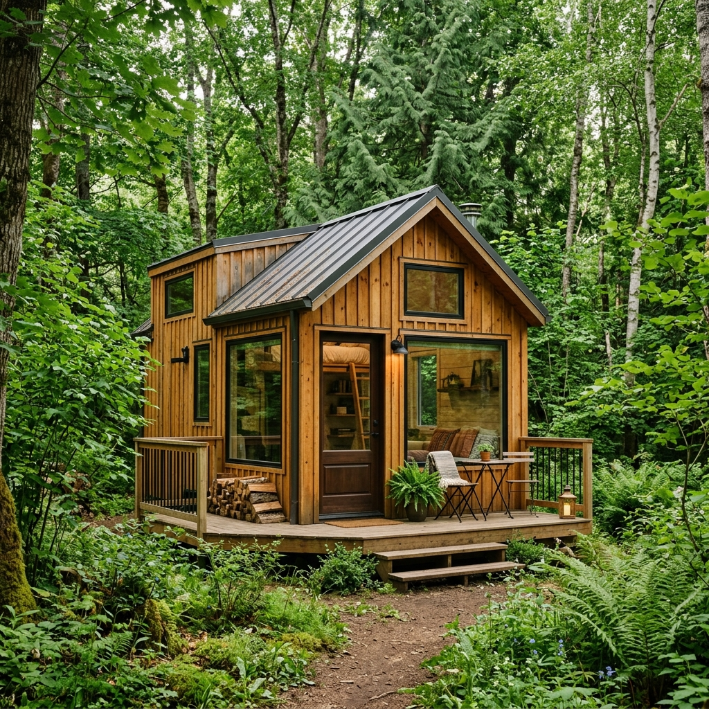 Minimalist tiny house surrounded by nature, made with sustainable materials.