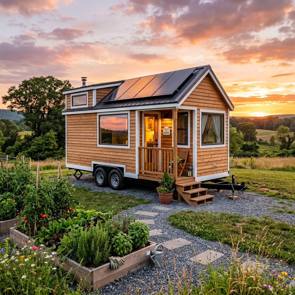 Mobile tiny house on rural land with solar panels and a garden at sunset.