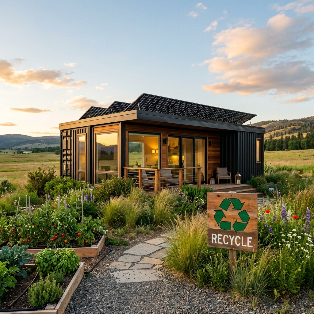 Modern shipping container home in a field with eco-friendly design elements.