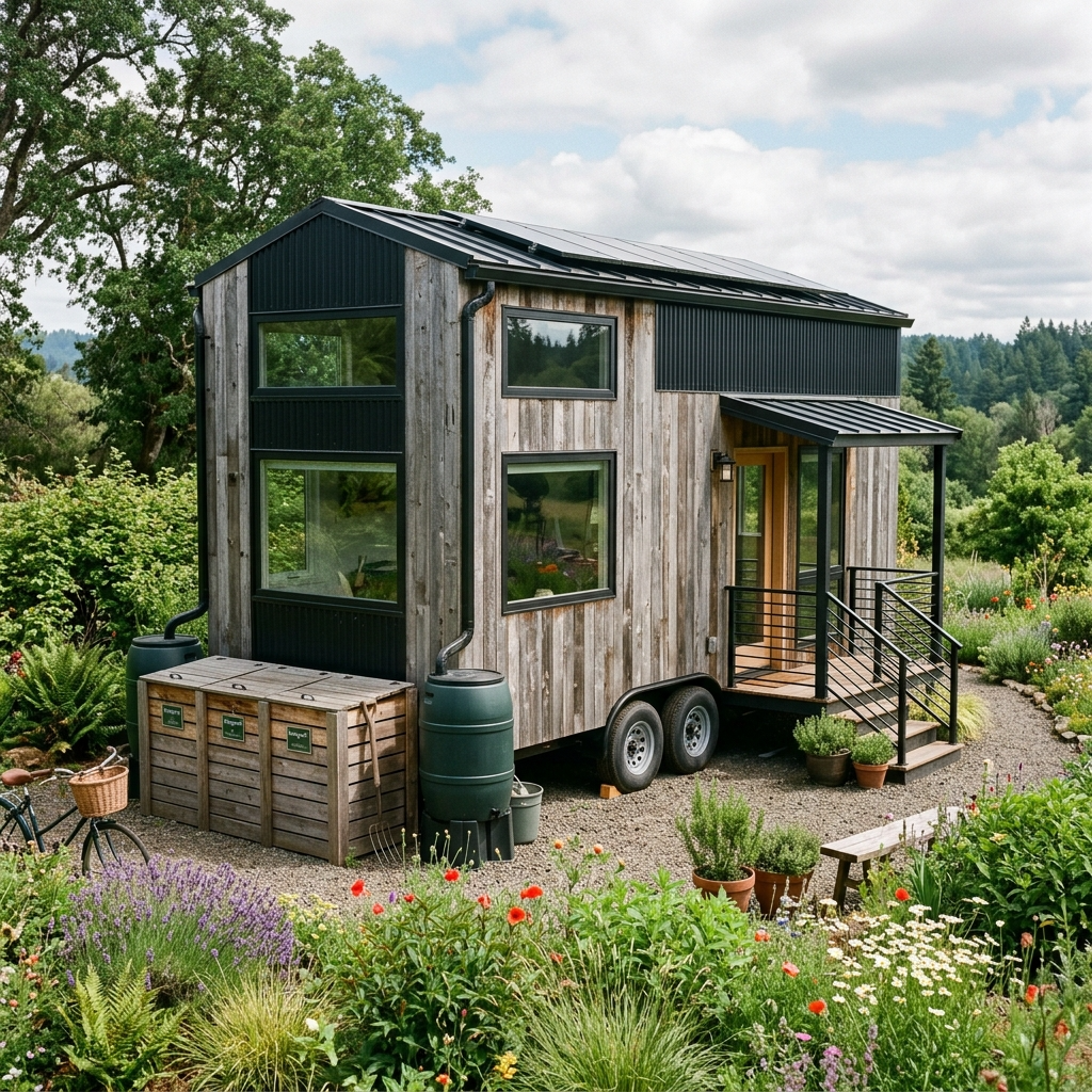 Modern tiny house exterior with eco-friendly materials, garden, and sustainable features like rainwater collection.