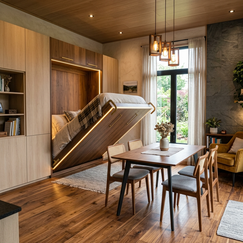 Modern tiny house interior with space-saving furniture, warm lighting, and natural textures.