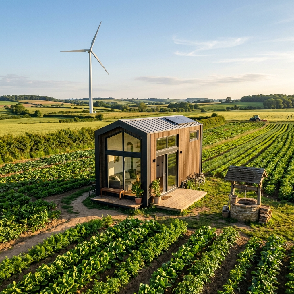 Modern tiny house on farmland with crops and renewable energy sources.