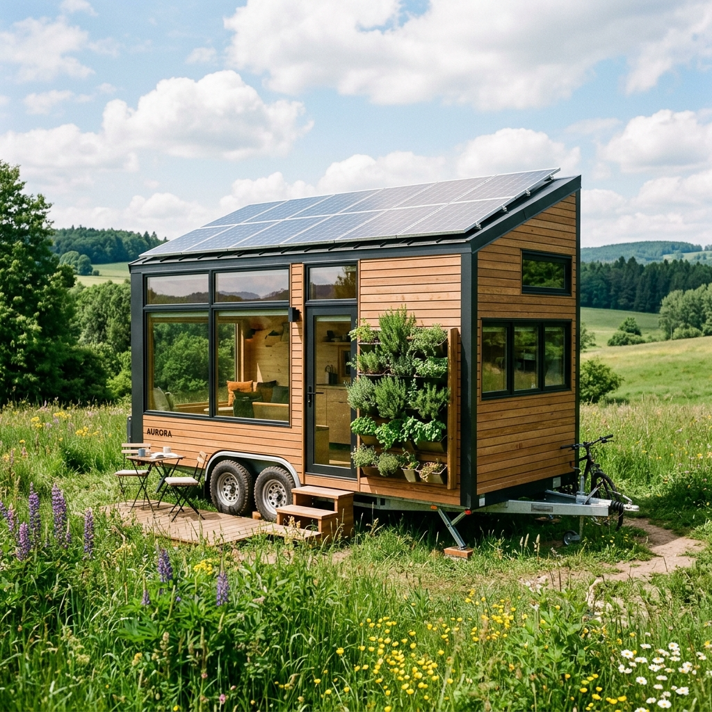 Modern tiny house on wheels with solar panels in a green meadow, showcasing mobility and eco-friendly living.