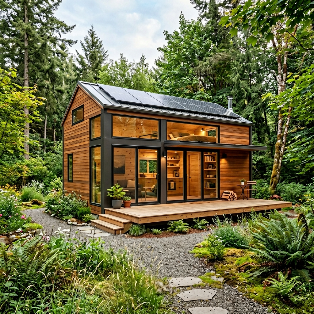 Modern tiny house with sleek design, eco-friendly materials, and solar panels in a natural setting.