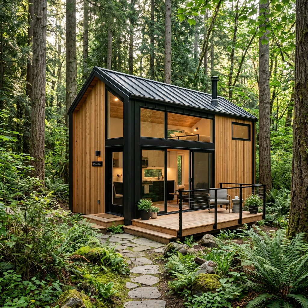 Modern tiny house with wood and metal design in a green landscape.