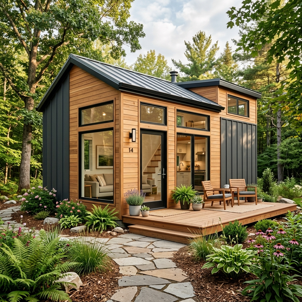 Modern two-bedroom tiny house with wood siding and large windows in a green setting.