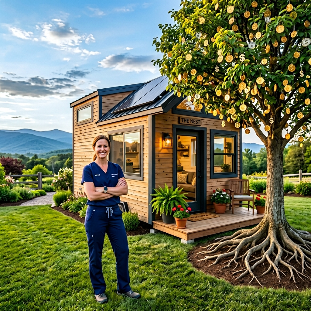 Nurse practitioner outside her customized tiny house with savings tree.