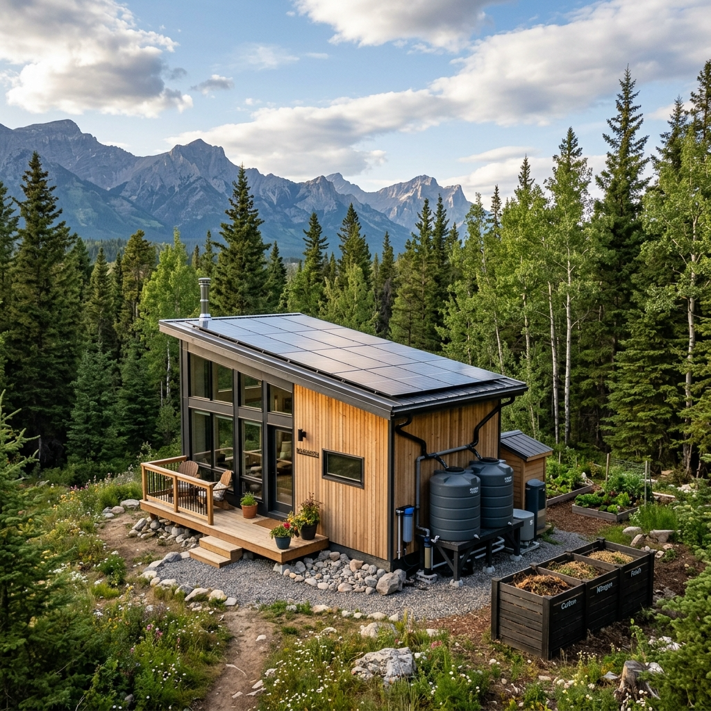 Off-grid tiny house with solar panels and rainwater collection system.