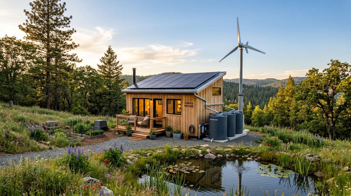 Off-grid tiny house with solar panels, wind turbine, and rainwater system.